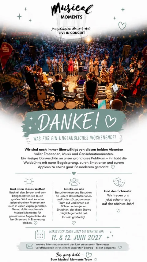 Danke-Plakat von Musical Moments nach den Shows 2026: Foto vom vollen Rund, Dank an Publikum und Team, darunter der Termin 11. und 12. Juni 2027.